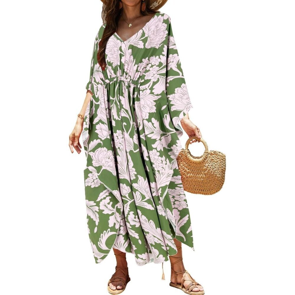 Women's Green Pink 100% Polyester V Neck Summer Beach Dresses Cover Caftan Maxi
